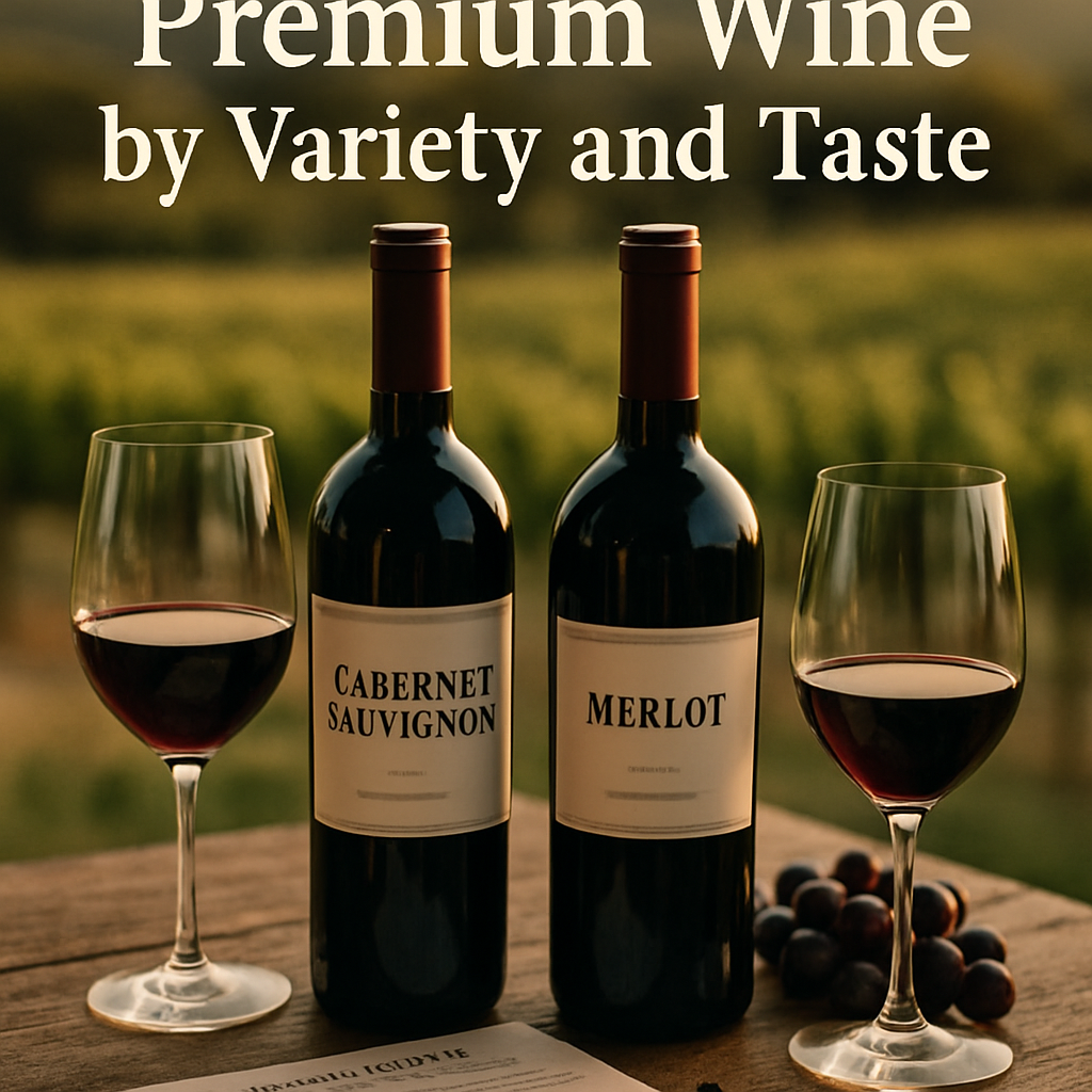 Elegant still life showcasing premium wine selection with Cabernet Sauvignon and Merlot bottles, wine