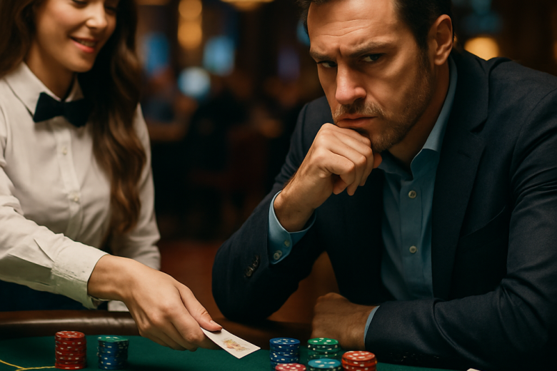 A serious gambler at a live dealer table, focused on the game, emphasizing the