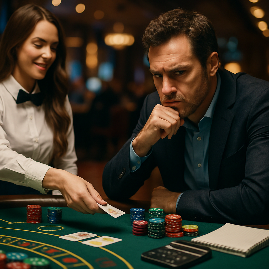 A serious gambler at a live dealer table, focused on the game, emphasizing the