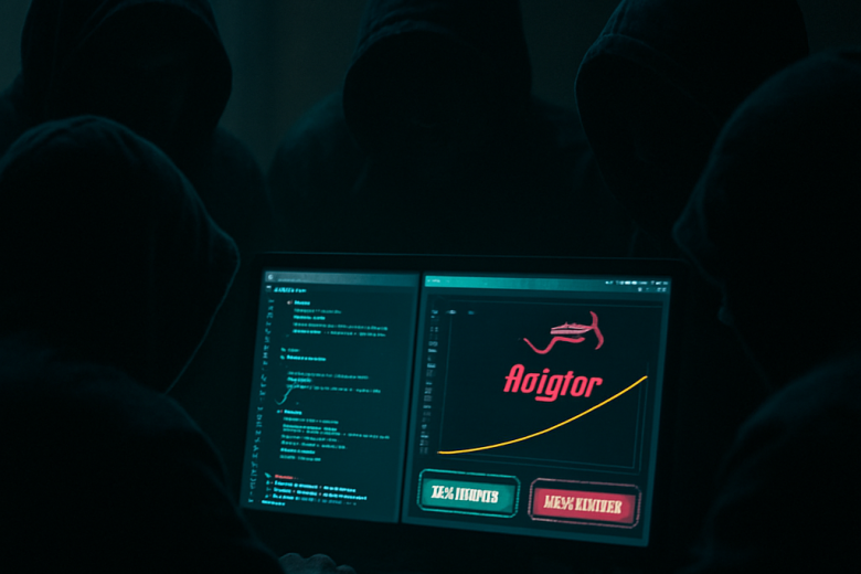 A clandestine meeting of scammers with a computer displaying fake gambling scripts, emphasizing the