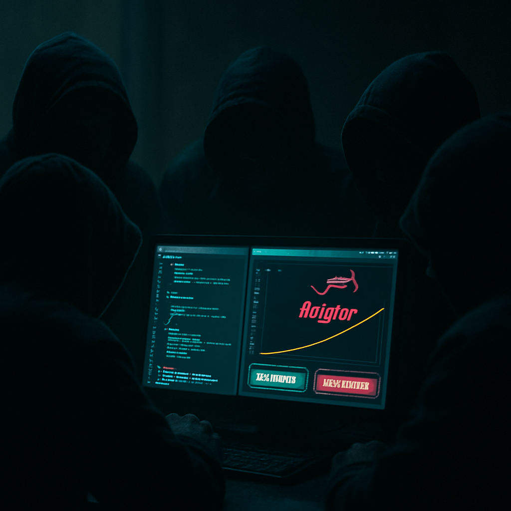 A clandestine meeting of scammers with a computer displaying fake gambling scripts, emphasizing the