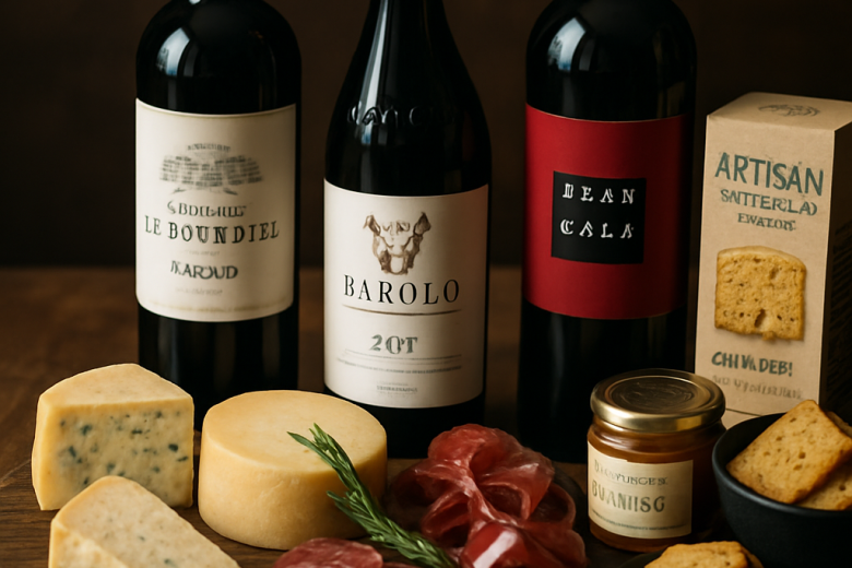 An elegant gift set with premium wines and gourmet delicacies on a rustic table.