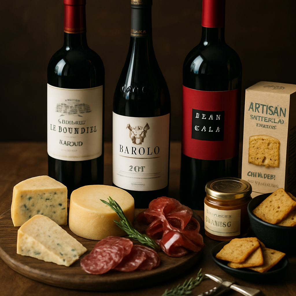 An elegant gift set with premium wines and gourmet delicacies on a rustic table.