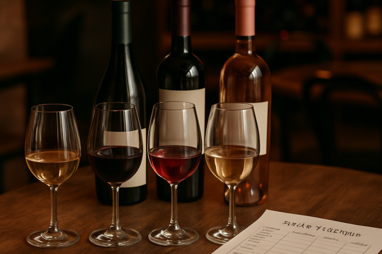 A visually appealing wine tasting arrangement featuring a tasting checklist, elegant wine glasses, and