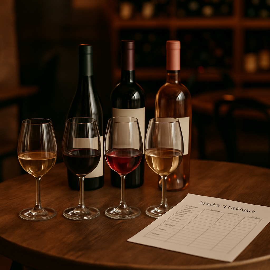 A visually appealing wine tasting arrangement featuring a tasting checklist, elegant wine glasses, and