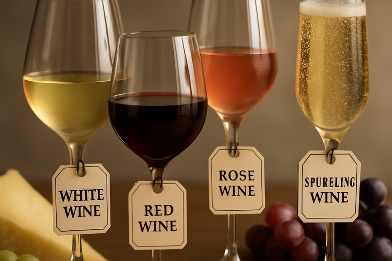 An elegant still life featuring white, red, rosé, and sparkling wines with gourmet food