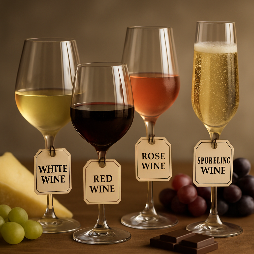 An elegant still life featuring white, red, rosé, and sparkling wines with gourmet food