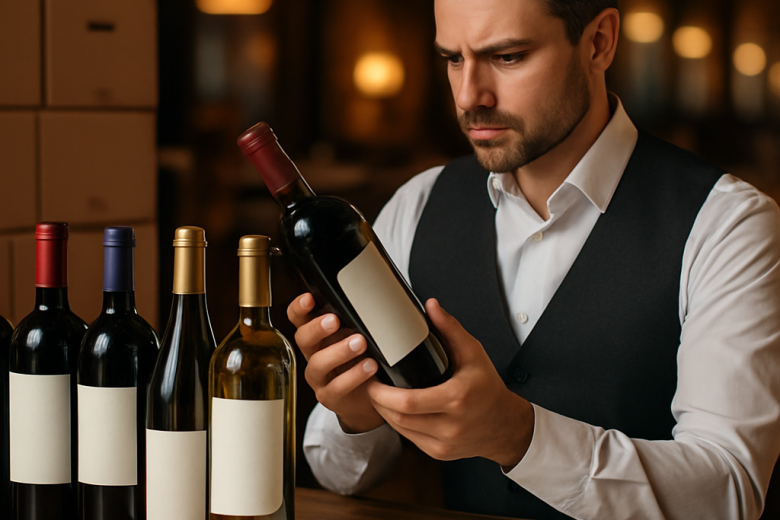 Sommelier reviewing wine bottles for bulk purchases, with elegant wine presentation in a warm