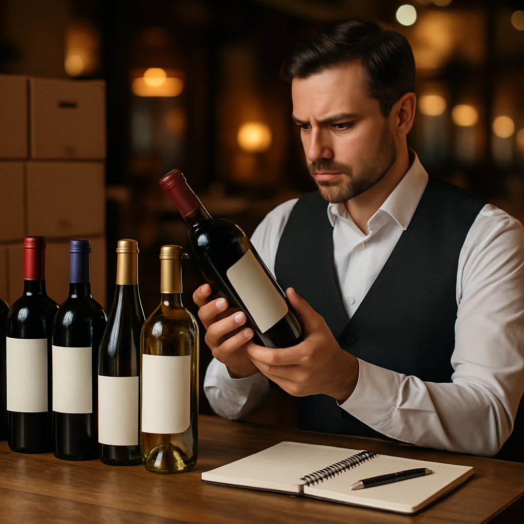 Sommelier reviewing wine bottles for bulk purchases, with elegant wine presentation in a warm